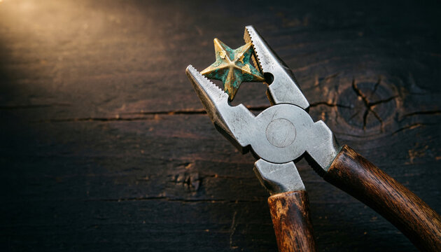 Close-up symbolic still life with a pair of pliers holding a star, representing control, power, ambition, and crafted destiny