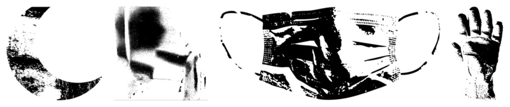 Stylized halftone illustrations including surgical mask, human hand, moon, and abstract form ideal for graphic design or symbolic art. rasterized vector, stippled.