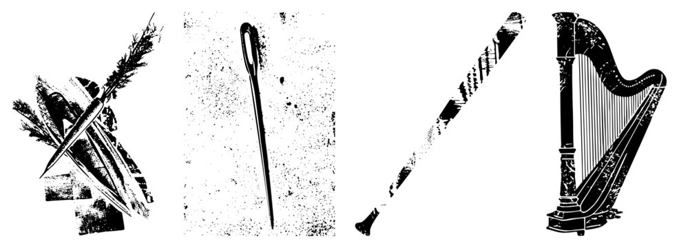 Distressed black and white vector graphic depicting harp, sewing, and feather quills artistic glyph set, silhouette collection, vintage print aesthetic.