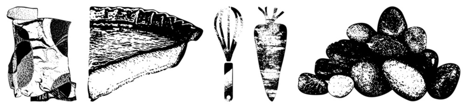 Stippled graphic depicting meat cut, pie slice, whisk, carrot, and beans rendered in vintage engraving style using dotwork for texture and depth.