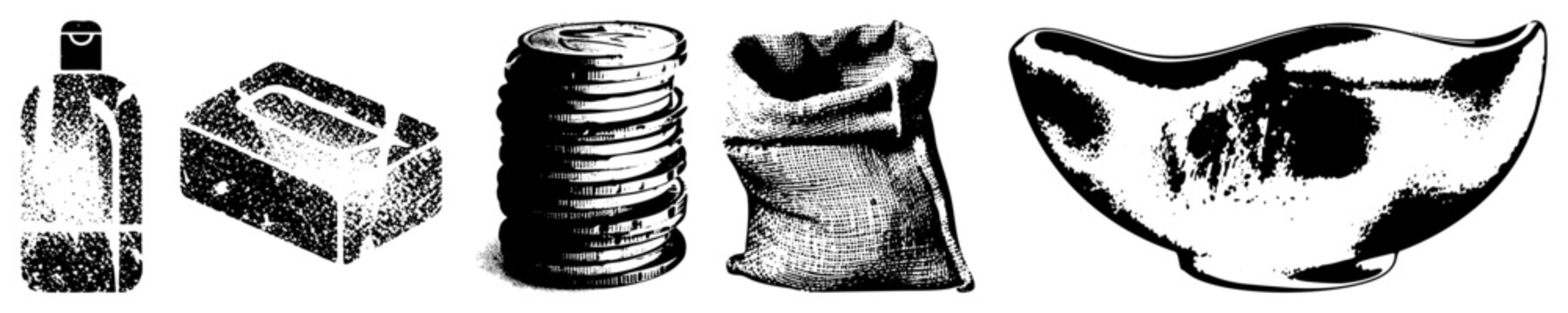 Financial asset rendered in halftone style, representing wealth symbols like bullion, currency stack, treasure bag, and gold bar vector cutouts.