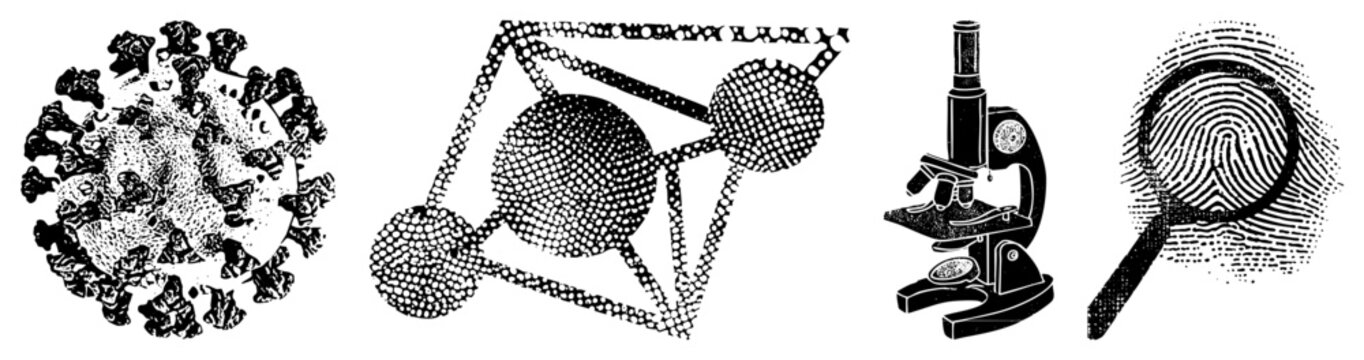 Black and white halftone graphics depicting virology, molecular structure, microscopy, and forensic fingerprinting ideal for educational or scientific publications.