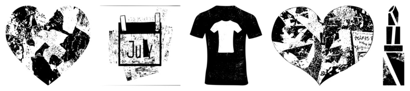 Distressed heart, torn paper calendar for July, blank tee, lipstick symbol ideal for edgy design, punk aesthetic, or DIY print projects.