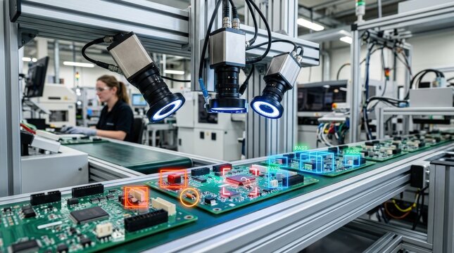 Medium shot of AIdriven color cameras inspecting printed circuit boards in realtime highlighting precise defect detection and vibrant image processing capabilities.
