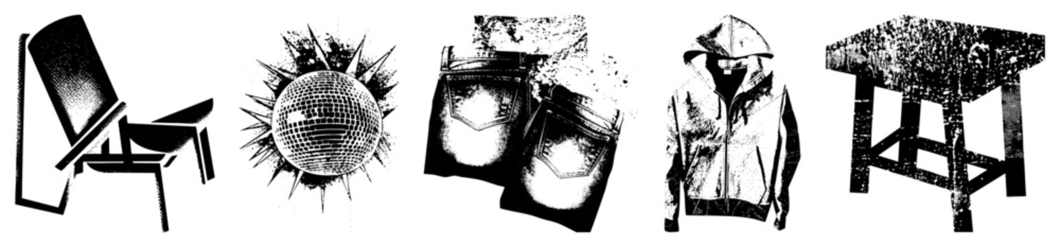 Stylized black and white vector graphics depicting chair, disco sphere, jeans,, stool rendered in halftone dot, glyph style cutouts, isolated silhouettes.