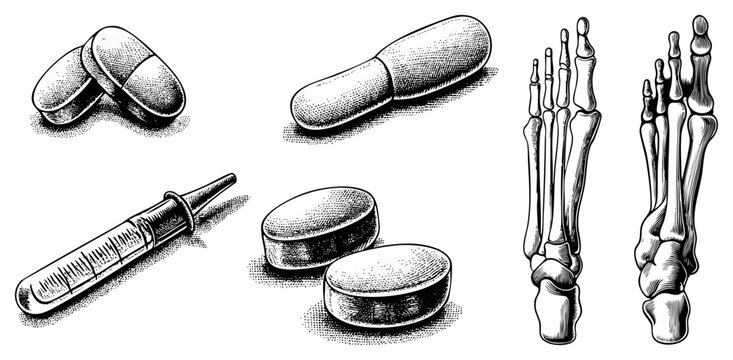 Antique style and anatomical drawings featuring capsules, tablets, hypodermic syringe, and human metatarsal bones medical sketch, clinical diagram, retro etching.