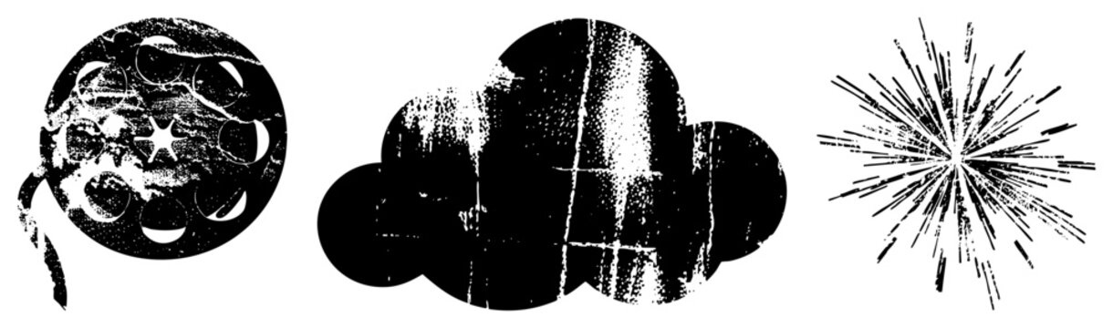 Abstract weather and celestial symbols rendered in halftone distress style lunar cycle, cloud graphic, burst effect element. Ideal for vintage UI or edgy design themes.