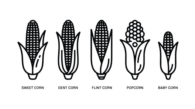 Illustration of five different corn types with labels sweet corn dent corn flint corn baby corn black and white agriculture vegetable isolated