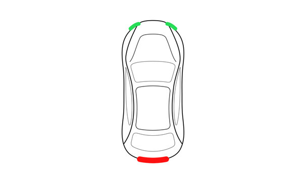 Top view car vector with parking sensor indicators showing front and rear detection zones. Ideal for automotive safety systems, smart parking technology, and vehicle interface design.