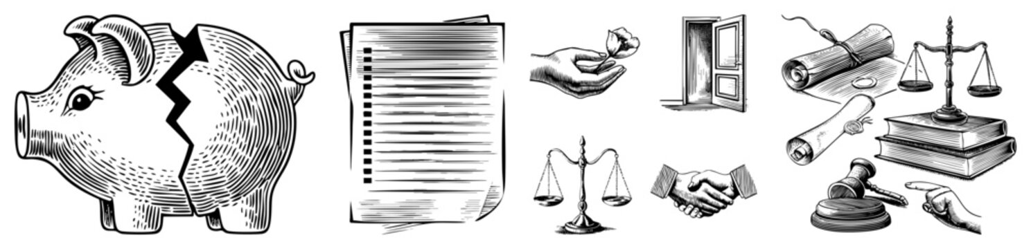 Legal and finance collection including justice scales, gavel, handshake agreement, broken piggy bank, contract documents also known as law symbols or fiscal.