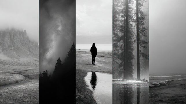 Five grayscale nature scenes mountains, forest, figure, woods, and shoreline