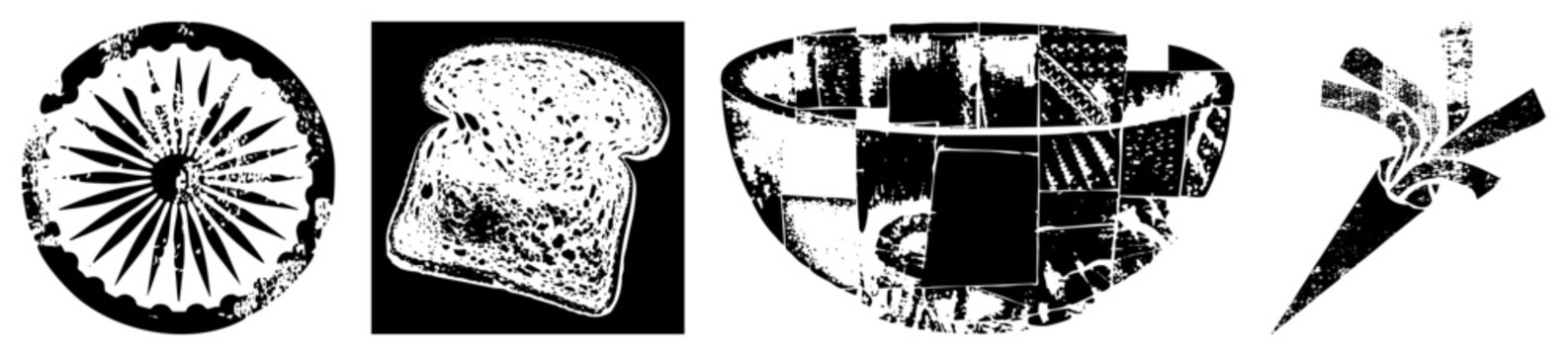 vector illustrations featuring sliced bread, mosaic bowl, cutting shears, and Ashoka Chakra also known as Indian wheel emblem or Dharma Chakra glyph.