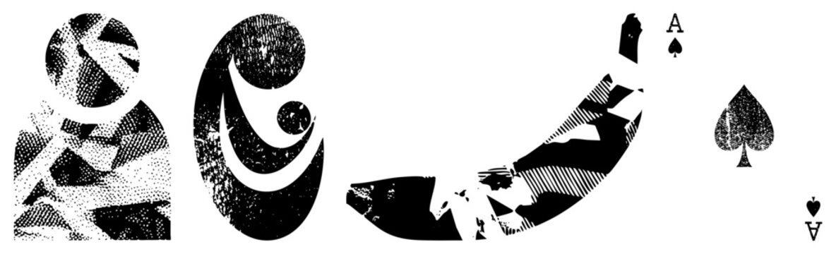 Stylized vector cutouts featuring deconstructed playing card symbols, halftone textures, and geometric abstraction also known as rasterized glyphs or stippled.