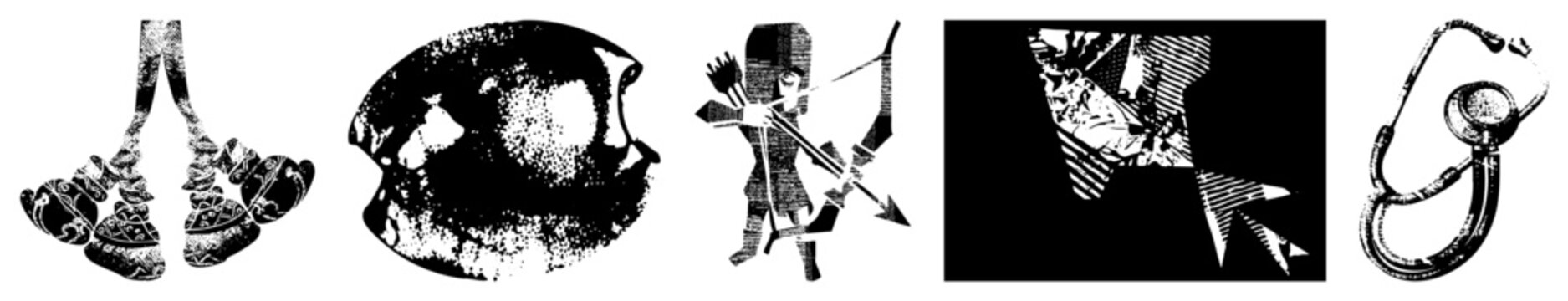 Monochromatic halftone graphic symbols including pulmonary system,, bowman, stylized human form, medical instrument. Also called stippled or dot matrix glyphs.