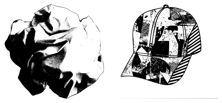 Wrinkled paper sphere and graphic cap, crumpled sheet, snapback hat, comic style illustration, print, stipple shading.