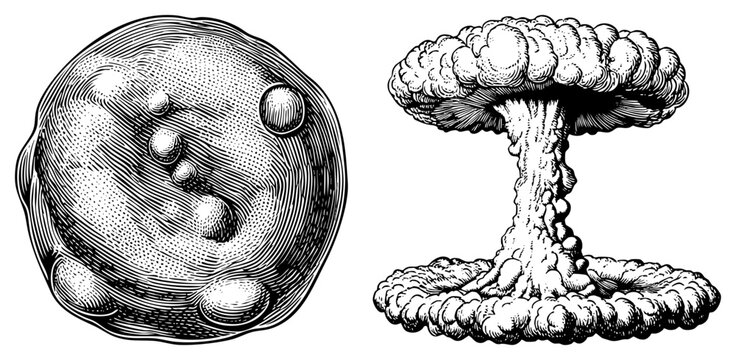 Nuclear detonation mushroom cloud paired with atomic fission diagram, vintage scientific engraving, retro science art, halftone style nuclear physics visualization.
