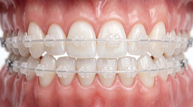 Closeup of Caucasian individual showcasing ceramic orthodontic brackets and thin metal archwire