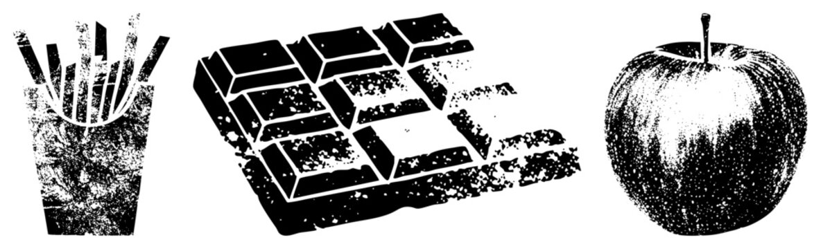 Grayscale food illustrations rendered in halftone dot fast food fries, candy bar, fruit stylized cutouts for graphic design or print.