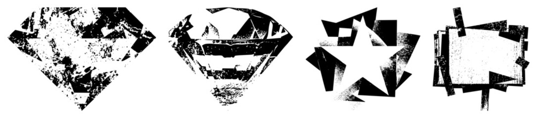 Obraz premium Distressed graphic symbols including gemstone, celestial star, and border frame ideal for edgy branding or urban design projects. Also known as weathered emblems or rugged badges.