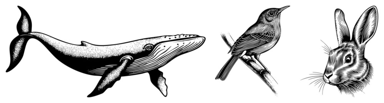 Hand drawn etched wildlife cetacean, avian, lagomorph ideal for tattoos, bookplates, or nature branding. Alt names engraved fauna set, inked animal trio.