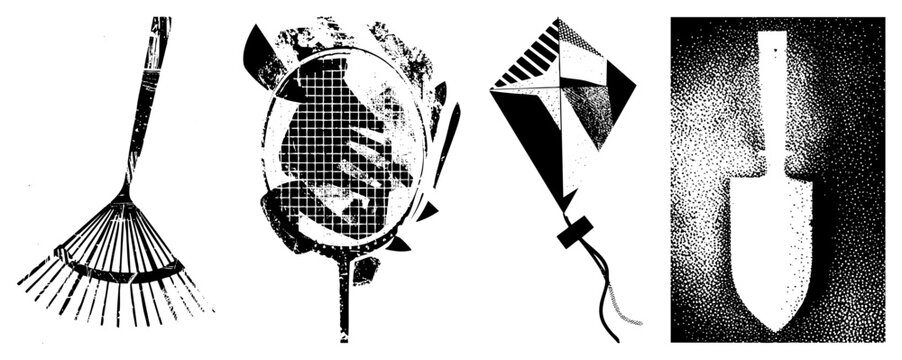 Stylized gardening tool, sports equipment, flying toy and digging implement rendered as abstract vector graphics with halftone textures and flat ideal for print design or digital assets.