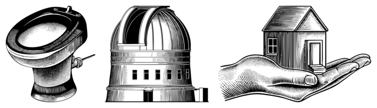 Detailed art engravings featuring a ceramic commode, an astronomical dome observatory, and a human hand cradling a tiny dwelling also called etched vignettes or woodcut style.