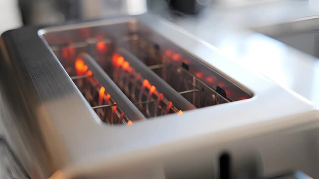 Close up of a stainless steel toaster heating up bread slices.