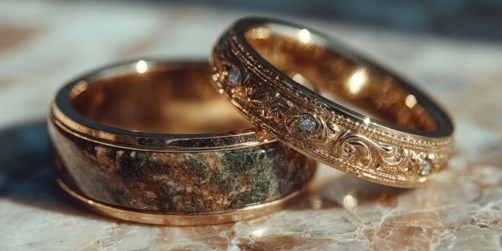 Elegant Golden Wedding Bands Resting on Marble Surface with Soft Natural Light