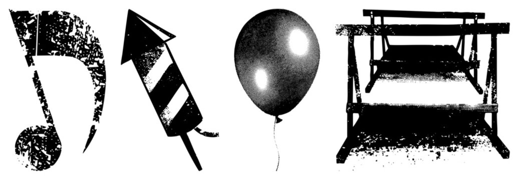 Retro style halftone graphics depicting musical eighth note, firecracker, party balloon, and workbench sawhorse ideal for vintage design projects or.