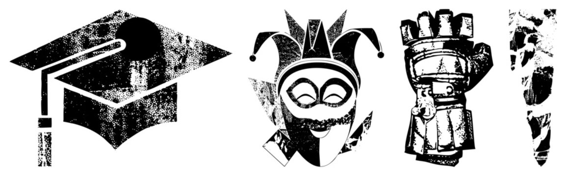 Stylized academic cap, court jester mask, armored gauntlet, fractured surface motif halftone illustrations for graphic design, print, or digital.