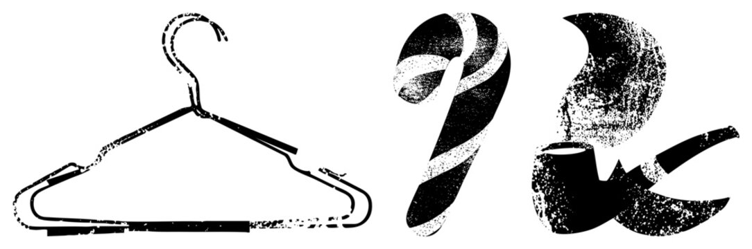 Distressed illustrations of clothing hanger, peppermint stick, and tobacco pipe stylized glyph set for holiday or vintage themes.