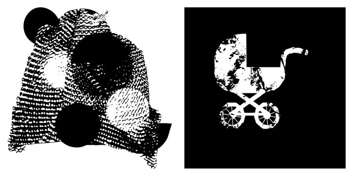 Grayscale panda face with stippled texture alongside vintage baby carriage, both rendered as vector cutouts with halftone effects for graphic design use.