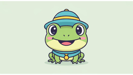 Fototapeta premium Smiling Cartoon Frog Wearing Blue Hat.