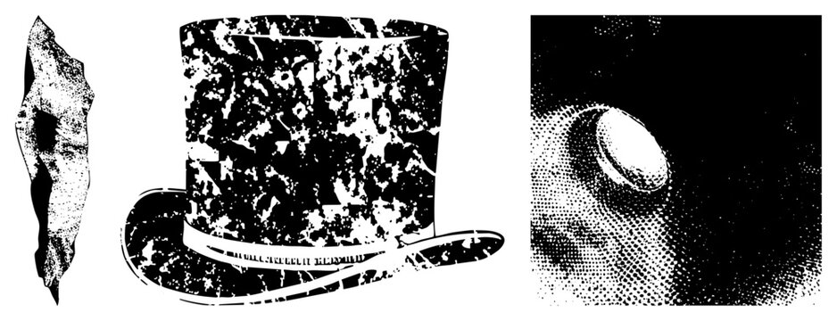 Vintage style top hat rendered in halftone dots, also known as a stovepipe or cylinder hat, ideal for retro posters, graphic design, and illustrations.