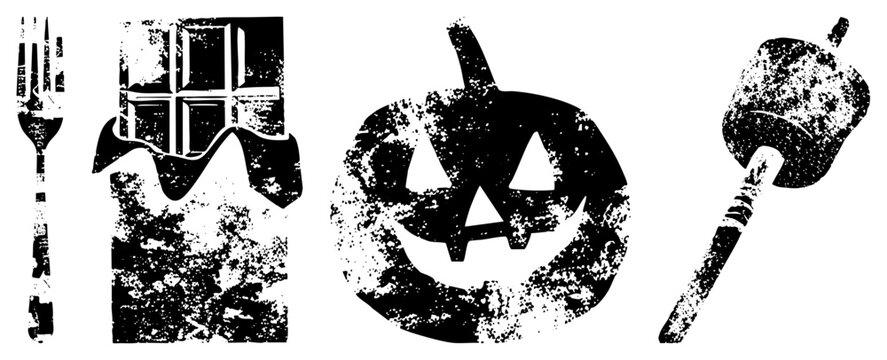 Distressed spooky holiday symbols including carved pumpkin, melted chocolate bar, dining fork, roasted marshmallow perfect for seasonal designs or horror themed graphics.