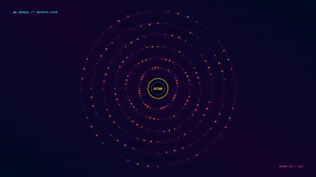 This sophisticated Augmented Retail Interface showcases a pulsating holographic scan of a product through shimmering crimson particles orbiting a luminous central focal point