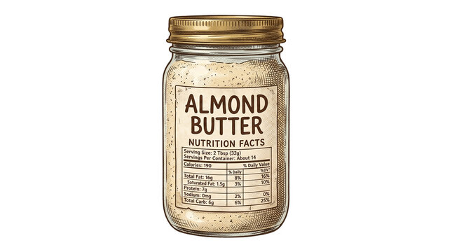 A glass jar of creamy almond butter with a gold lid on transparent background