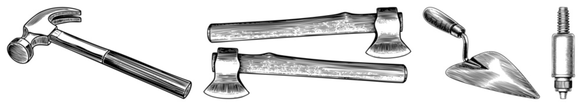 Hand drawn woodworking tools in engraving style claw hammer, double bit axes, trowel, lag bolt ideal for vintage DIY or industrial designs.