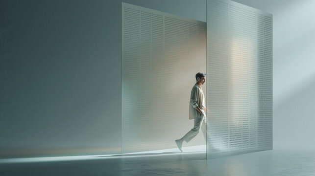 Solitary Passage: A lone individual traverses a minimalist, ethereal space, navigating a series of translucent, architectural planes.