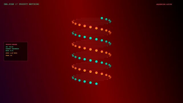 A sophisticated augmented retail interface displaying a spinning genetic helix sequence with glowing cyan and crimson nodes against a dark atmospheric cinematic gradient