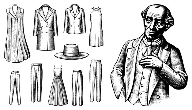 19th century dandy figure adjusting cravat beside curated wardrobe items antiquated menswear ensemble including frock coat, waistcoat, and top hat.