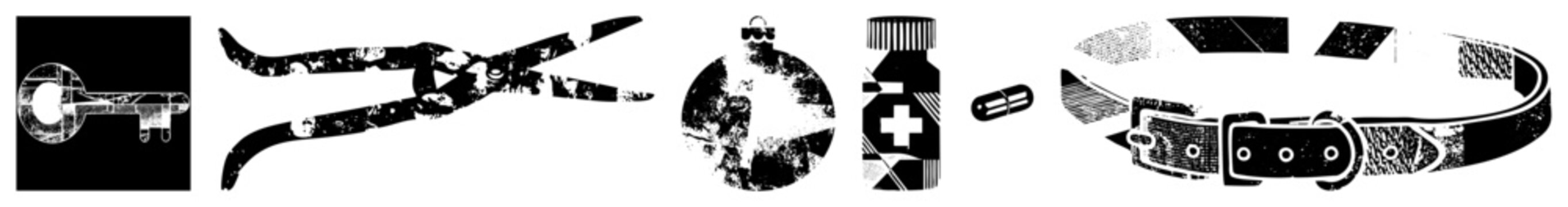 Distressed graphic symbols including lockpick tool, pruning shears, holiday bauble, medicine vial, capsule, pet harness ideal for edgy design projects or vintage branding.