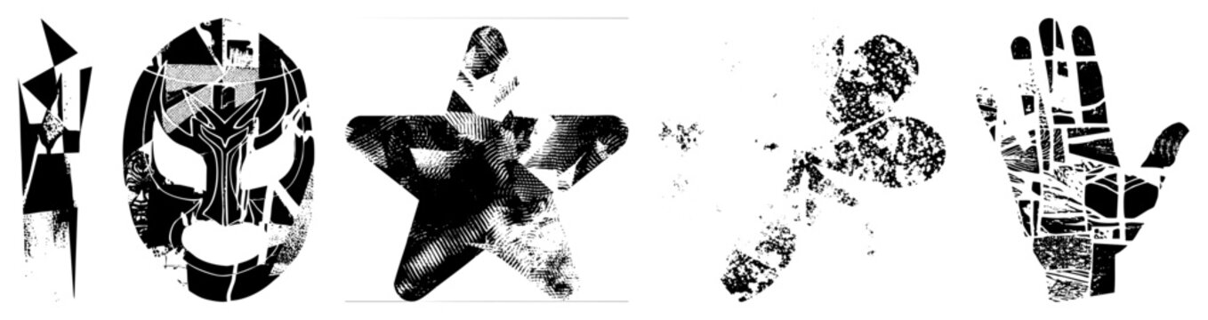 Stylized cutouts deconstructed forms, glitch, textures for digital art or experimental design. fractured, shattered glyphs.