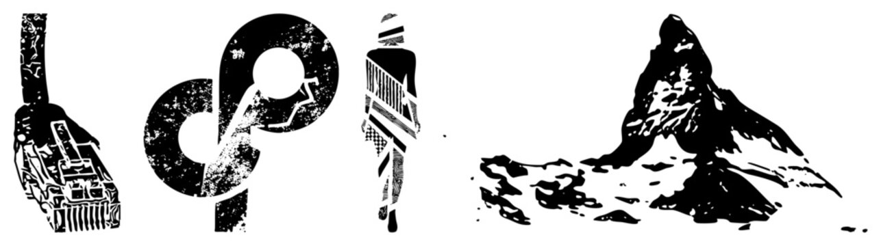 Distressed graphic featuring a mechanical hand, abstract glyph, striped humanoid figure, and jagged peak also called ink stamped vectors or weathered pictograms for design use.
