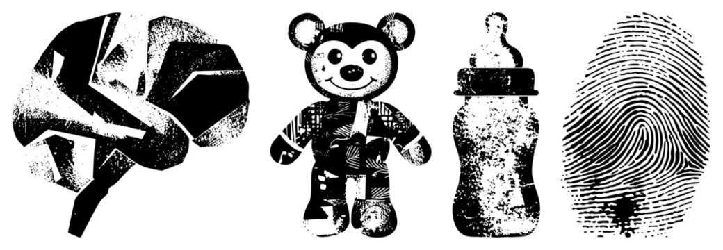 Distressed graphic symbols including cerebral cortex, plush toy, infant feeding bottle, and dermatoglyphic print ideal for edgy design projects or retro themed visuals.