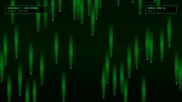 An intricate Augmented Retail Interface manifests as cascading emerald digital code streams flowing through a dark void symbolizing high speed algorithmic processing and systemic data