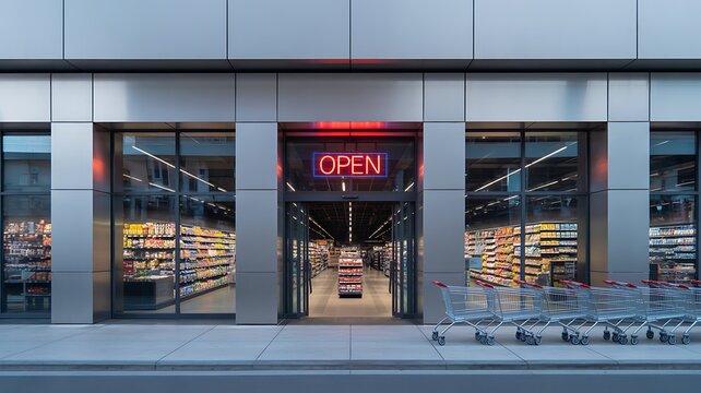 Modern supermarket storefront entrance with glass facade and neon open sign