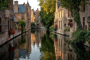 Fototapeta premium Serene canal with historic buildings and vibrant flowers