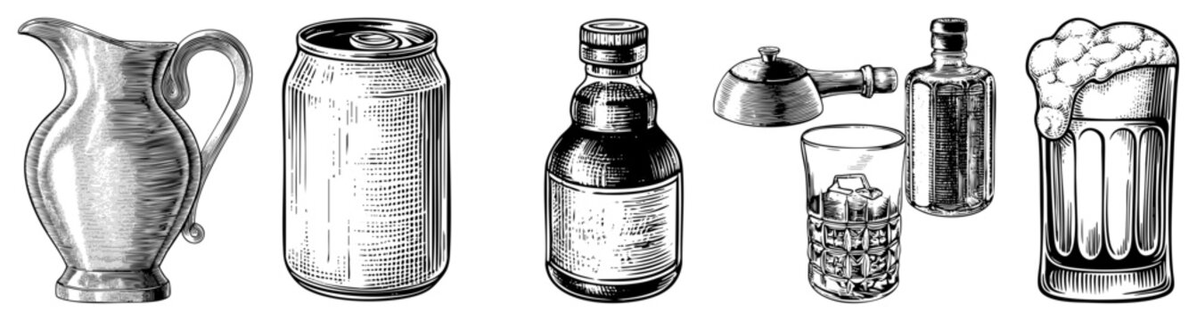 Retro drinkware set including pitcher, soda can, liquor bottle, cocktail glass, and beer mug classic barware, vintage drink containers rendered with engraving technique.