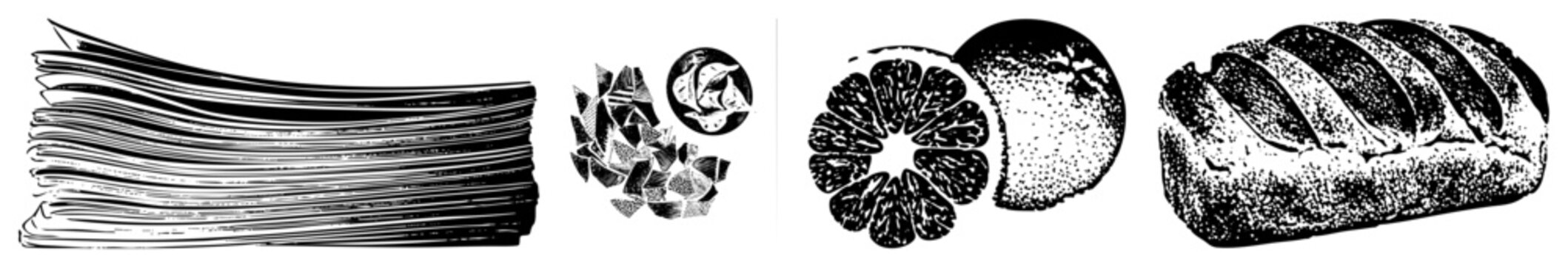 Black and white halftone print style graphics depicting newsprint bundle, globe thistle vegetable, segmented orange, artisanal loaf ideal for retro design or layouts.